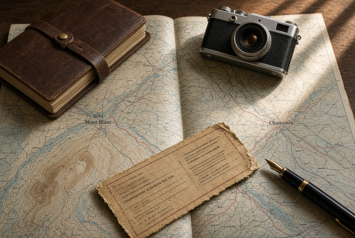 Карта, блокнот и камера на столе